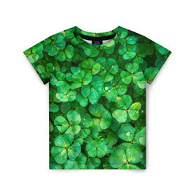 Детская футболка 3D с принтом клевер в Белгороде, 100% гипоаллергенный полиэфир | прямой крой, круглый вырез горловины, длина до линии бедер, чуть спущенное плечо, ткань немного тянется | зелень | ирландия | клевер | лето | листья | солнце | цветы