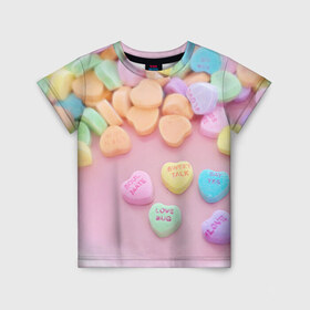 Детская футболка 3D с принтом конфеты в Белгороде, 100% гипоаллергенный полиэфир | прямой крой, круглый вырез горловины, длина до линии бедер, чуть спущенное плечо, ткань немного тянется | candy | драже | конфеты | леденцы | сахар | сладости