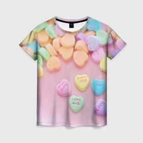 Женская футболка 3D с принтом конфеты в Белгороде, 100% полиэфир ( синтетическое хлопкоподобное полотно) | прямой крой, круглый вырез горловины, длина до линии бедер | candy | драже | конфеты | леденцы | сахар | сладости