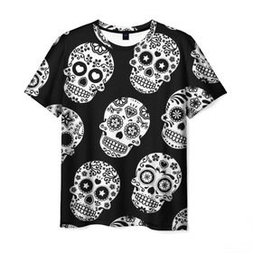 Мужская футболка 3D с принтом Черепа в Белгороде, 100% полиэфир | прямой крой, круглый вырез горловины, длина до линии бедер | день мертвых | мексика | паттерн | традция | узоры | цветы | черно белый | черный