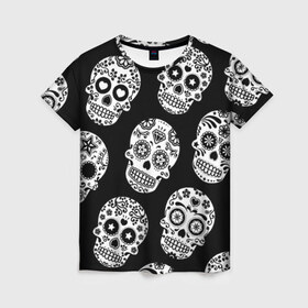 Женская футболка 3D с принтом Черепа в Белгороде, 100% полиэфир ( синтетическое хлопкоподобное полотно) | прямой крой, круглый вырез горловины, длина до линии бедер | день мертвых | мексика | паттерн | традция | узоры | цветы | черно белый | черный