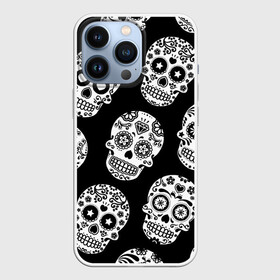 Чехол для iPhone 13 Pro с принтом Черепа в Белгороде,  |  | день мертвых | мексика | паттерн | традция | узоры | цветы | черно белый | черный