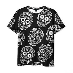 Мужская футболка 3D с принтом Черепа в Белгороде, 100% полиэфир | прямой крой, круглый вырез горловины, длина до линии бедер | день мертвых | мексика | паттерн | традиция | узоры | цветы | черно белый