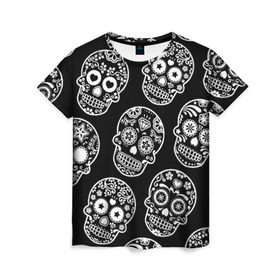 Женская футболка 3D с принтом Черепа в Белгороде, 100% полиэфир ( синтетическое хлопкоподобное полотно) | прямой крой, круглый вырез горловины, длина до линии бедер | день мертвых | мексика | паттерн | традиция | узоры | цветы | черно белый