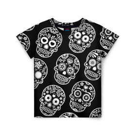Детская футболка 3D с принтом Черепа в Белгороде, 100% гипоаллергенный полиэфир | прямой крой, круглый вырез горловины, длина до линии бедер, чуть спущенное плечо, ткань немного тянется | день мертвых | мексика | паттерн | традиция | узоры | цветы | черно белый
