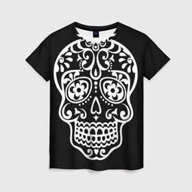 Женская футболка 3D с принтом Мексиканский череп в Белгороде, 100% полиэфир ( синтетическое хлопкоподобное полотно) | прямой крой, круглый вырез горловины, длина до линии бедер | день мертвых | мексика | традция | узоры | цветы | черный