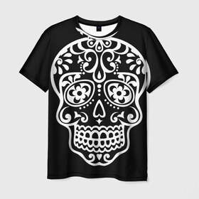 Мужская футболка 3D с принтом Мексиканский череп в Белгороде, 100% полиэфир | прямой крой, круглый вырез горловины, длина до линии бедер | Тематика изображения на принте: день мертвых | мексика | традция | узоры | цветы | черный
