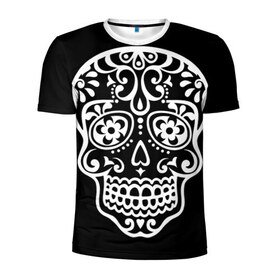 Мужская футболка 3D спортивная с принтом Мексиканский череп в Белгороде, 100% полиэстер с улучшенными характеристиками | приталенный силуэт, круглая горловина, широкие плечи, сужается к линии бедра | Тематика изображения на принте: день мертвых | мексика | традция | узоры | цветы | черный