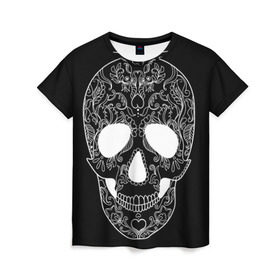 Женская футболка 3D с принтом Мексиканский череп в Белгороде, 100% полиэфир ( синтетическое хлопкоподобное полотно) | прямой крой, круглый вырез горловины, длина до линии бедер | день мертвых | мексика | традция | узоры | цветы | черный