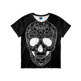 Детская футболка 3D с принтом Мексиканский череп в Белгороде, 100% гипоаллергенный полиэфир | прямой крой, круглый вырез горловины, длина до линии бедер, чуть спущенное плечо, ткань немного тянется | день мертвых | мексика | традция | узоры | цветы | черный