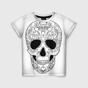 Детская футболка 3D с принтом Мексиканский череп в Белгороде, 100% гипоаллергенный полиэфир | прямой крой, круглый вырез горловины, длина до линии бедер, чуть спущенное плечо, ткань немного тянется | белый | день мертвых | мексика | традция | узоры | цветы