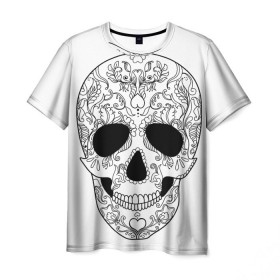 Мужская футболка 3D с принтом Мексиканский череп в Белгороде, 100% полиэфир | прямой крой, круглый вырез горловины, длина до линии бедер | Тематика изображения на принте: белый | день мертвых | мексика | традция | узоры | цветы
