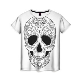 Женская футболка 3D с принтом Мексиканский череп в Белгороде, 100% полиэфир ( синтетическое хлопкоподобное полотно) | прямой крой, круглый вырез горловины, длина до линии бедер | белый | день мертвых | мексика | традция | узоры | цветы