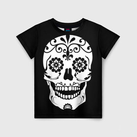 Детская футболка 3D с принтом Мексиканский череп в Белгороде, 100% гипоаллергенный полиэфир | прямой крой, круглый вырез горловины, длина до линии бедер, чуть спущенное плечо, ткань немного тянется | cobwebs | color | day of the dead | dead | death | eyes | girl | halloween | holiday | makeup | mask | mexican skull | mexico | ornament | pattern | взгляд | девушка | день мертвых | макияж | маска | мексика | мексиканский череп | мертвецов | орнамент | п