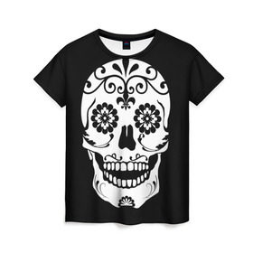 Женская футболка 3D с принтом Мексиканский череп в Белгороде, 100% полиэфир ( синтетическое хлопкоподобное полотно) | прямой крой, круглый вырез горловины, длина до линии бедер | cobwebs | color | day of the dead | dead | death | eyes | girl | halloween | holiday | makeup | mask | mexican skull | mexico | ornament | pattern | взгляд | девушка | день мертвых | макияж | маска | мексика | мексиканский череп | мертвецов | орнамент | п
