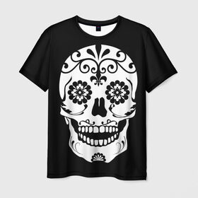 Мужская футболка 3D с принтом Мексиканский череп в Белгороде, 100% полиэфир | прямой крой, круглый вырез горловины, длина до линии бедер | cobwebs | color | day of the dead | dead | death | eyes | girl | halloween | holiday | makeup | mask | mexican skull | mexico | ornament | pattern | взгляд | девушка | день мертвых | макияж | маска | мексика | мексиканский череп | мертвецов | орнамент | п