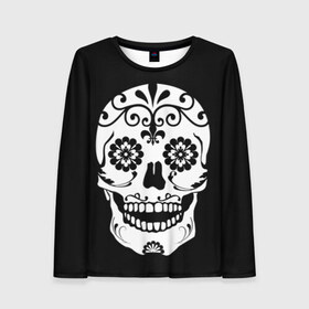 Женский лонгслив 3D с принтом Мексиканский череп в Белгороде, 100% полиэстер | длинные рукава, круглый вырез горловины, полуприлегающий силуэт | cobwebs | color | day of the dead | dead | death | eyes | girl | halloween | holiday | makeup | mask | mexican skull | mexico | ornament | pattern | взгляд | девушка | день мертвых | макияж | маска | мексика | мексиканский череп | мертвецов | орнамент | п