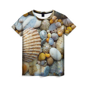 Женская футболка 3D с принтом Морские ракушки и камни в Белгороде, 100% полиэфир ( синтетическое хлопкоподобное полотно) | прямой крой, круглый вырез горловины, длина до линии бедер | камни | море | морские камни | ракушки