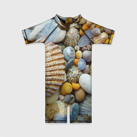 Детский купальный костюм 3D с принтом Морские ракушки и камни в Белгороде, Полиэстер 85%, Спандекс 15% | застежка на молнии на спине | камни | море | морские камни | ракушки