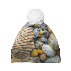 Шапка 3D c помпоном с принтом Морские ракушки и камни в Белгороде, 100% полиэстер | универсальный размер, печать по всей поверхности изделия | камни | море | морские камни | ракушки