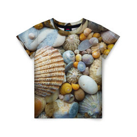 Детская футболка 3D с принтом Морские ракушки и камни в Белгороде, 100% гипоаллергенный полиэфир | прямой крой, круглый вырез горловины, длина до линии бедер, чуть спущенное плечо, ткань немного тянется | камни | море | морские камни | ракушки