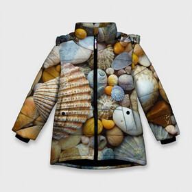 Зимняя куртка для девочек 3D с принтом Морские ракушки и камни в Белгороде, ткань верха — 100% полиэстер; подклад — 100% полиэстер, утеплитель — 100% полиэстер. | длина ниже бедра, удлиненная спинка, воротник стойка и отстегивающийся капюшон. Есть боковые карманы с листочкой на кнопках, утяжки по низу изделия и внутренний карман на молнии. 

Предусмотрены светоотражающий принт на спинке, радужный светоотражающий элемент на пуллере молнии и на резинке для утяжки. | камни | море | морские камни | ракушки