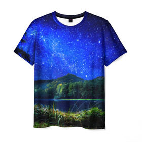 Мужская футболка 3D с принтом Звездное небо в Белгороде, 100% полиэфир | прямой крой, круглый вырез горловины, длина до линии бедер | звезда | небо | ночь | озеро