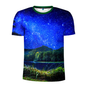 Мужская футболка 3D спортивная с принтом Звездное небо в Белгороде, 100% полиэстер с улучшенными характеристиками | приталенный силуэт, круглая горловина, широкие плечи, сужается к линии бедра | звезда | небо | ночь | озеро