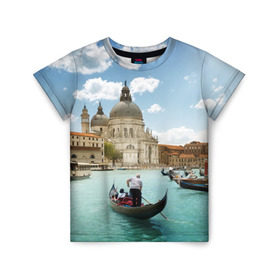 Детская футболка 3D с принтом Венеция в Белгороде, 100% гипоаллергенный полиэфир | прямой крой, круглый вырез горловины, длина до линии бедер, чуть спущенное плечо, ткань немного тянется | Тематика изображения на принте: europe | italy | venice | венеция | вода | европа | ес | италия | каникулы | лодки | отдых | отпуск | солнце | туризм