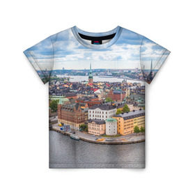 Детская футболка 3D с принтом Швеция в Белгороде, 100% гипоаллергенный полиэфир | прямой крой, круглый вырез горловины, длина до линии бедер, чуть спущенное плечо, ткань немного тянется | Тематика изображения на принте: europe | stockholm | sweden | европа | ес | каникулы | отпуск | стокгольм | туризм | швеция