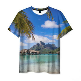 Мужская футболка 3D с принтом Бора-Бора в Белгороде, 100% полиэфир | прямой крой, круглый вырез горловины, длина до линии бедер | архипелаг | блаженство | бора бора | бунгало | жемчужина тихого океана | загар | каникулы | море | океан | остров | отдых | отпуск | пальмы | песок | пляж | рай | сказка | солнце | таити | туризм