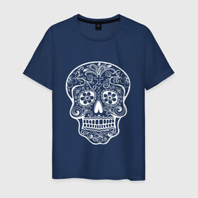 Мужская футболка хлопок с принтом Мексиканский череп в Белгороде, 100% хлопок | прямой крой, круглый вырез горловины, длина до линии бедер, слегка спущенное плечо. | Тематика изображения на принте: color | day of the dead | dead | death | holiday | mexican skull | mexico | ornament | pattern | гитара | день мертвых | мексика | мексиканский череп | мертвецов | музыка | орнамент | поет | праздник | узоры | цветы