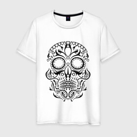Мужская футболка хлопок с принтом Мексиканский череп в Белгороде, 100% хлопок | прямой крой, круглый вырез горловины, длина до линии бедер, слегка спущенное плечо. | Тематика изображения на принте: 