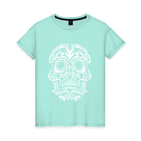 Женская футболка хлопок с принтом Мексиканский череп в Белгороде, 100% хлопок | прямой крой, круглый вырез горловины, длина до линии бедер, слегка спущенное плечо | mexi | день мертвых | мексика | мексиканский череп | мертвецов | орнамент | праздник | узоры | цветы