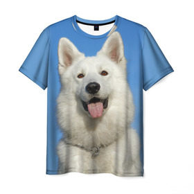 Мужская футболка 3D с принтом белый пес в Белгороде, 100% полиэфир | прямой крой, круглый вырез горловины, длина до линии бедер | Тематика изображения на принте: dog | friend | взгляд | волк | друг | пес | собака | хаски