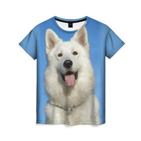 Женская футболка 3D с принтом белый пес в Белгороде, 100% полиэфир ( синтетическое хлопкоподобное полотно) | прямой крой, круглый вырез горловины, длина до линии бедер | dog | friend | взгляд | волк | друг | пес | собака | хаски