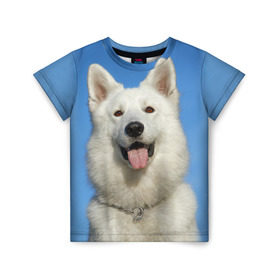 Детская футболка 3D с принтом белый пес в Белгороде, 100% гипоаллергенный полиэфир | прямой крой, круглый вырез горловины, длина до линии бедер, чуть спущенное плечо, ткань немного тянется | dog | friend | взгляд | волк | друг | пес | собака | хаски