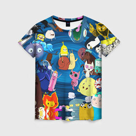 Женская футболка 3D с принтом Adventure Time 1 в Белгороде, 100% полиэфир ( синтетическое хлопкоподобное полотно) | прямой крой, круглый вырез горловины, длина до линии бедер | adventure time | bubblegum | dog | finn | jake | marcelline | время приключений | джейк и финн | марселин | пупырка