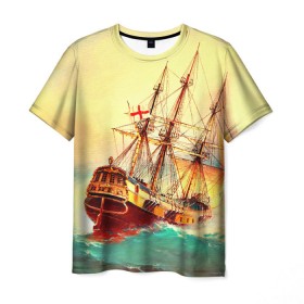 Мужская футболка 3D с принтом Парусник в Белгороде, 100% полиэфир | прямой крой, круглый вырез горловины, длина до линии бедер | Тематика изображения на принте: волны | исторический | корабль | море | океан
