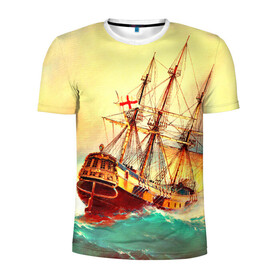Мужская футболка 3D спортивная с принтом Парусник в Белгороде, 100% полиэстер с улучшенными характеристиками | приталенный силуэт, круглая горловина, широкие плечи, сужается к линии бедра | Тематика изображения на принте: волны | исторический | корабль | море | океан