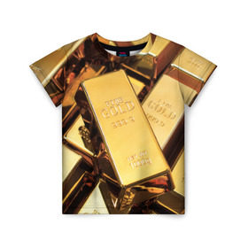 Детская футболка 3D с принтом GOLD 999,9 в Белгороде, 100% гипоаллергенный полиэфир | прямой крой, круглый вырез горловины, длина до линии бедер, чуть спущенное плечо, ткань немного тянется | банк | богатство | драгоценность | золото | слитки
