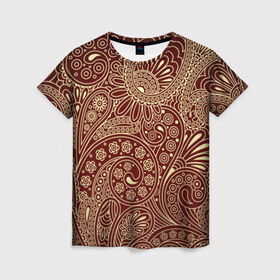 Женская футболка 3D с принтом Paisley в Белгороде, 100% полиэфир ( синтетическое хлопкоподобное полотно) | прямой крой, круглый вырез горловины, длина до линии бедер | коричневый | орнамент | пейсли | турецкие огурцы | узор