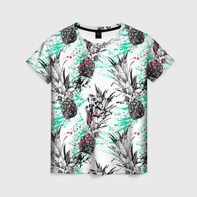 Женская футболка 3D с принтом Ананасы 19 в Белгороде, 100% полиэфир ( синтетическое хлопкоподобное полотно) | прямой крой, круглый вырез горловины, длина до линии бедер | Тематика изображения на принте: летний | паттерн | светлый