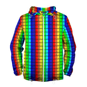 Мужская ветровка 3D с принтом Радуга (Полосы в мозайку) в Белгороде, 100% полиэстер | подол и капюшон оформлены резинкой с фиксаторами, два кармана без застежек по бокам, один потайной карман на груди | Тематика изображения на принте: вертикальные | жёлтый | зелёный | красный | оранжевый | полосы | радуга | синий | фиолетовый