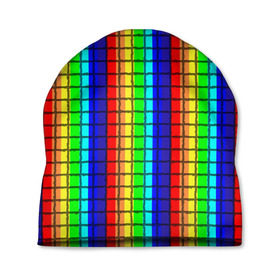 Шапка 3D с принтом Радуга (Полосы в мозайку) в Белгороде, 100% полиэстер | универсальный размер, печать по всей поверхности изделия | вертикальные | жёлтый | зелёный | красный | оранжевый | полосы | радуга | синий | фиолетовый