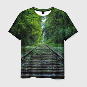 Мужская футболка 3D с принтом Лес в Белгороде, 100% полиэфир | прямой крой, круглый вырез горловины, длина до линии бедер | forest | деревья | дорога | зелень | лес | рельсы | сосны | тайга