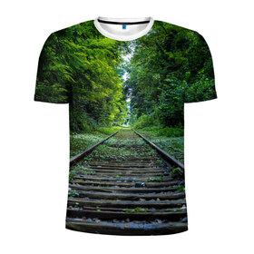 Мужская футболка 3D спортивная с принтом Лес в Белгороде, 100% полиэстер с улучшенными характеристиками | приталенный силуэт, круглая горловина, широкие плечи, сужается к линии бедра | forest | деревья | дорога | зелень | лес | рельсы | сосны | тайга