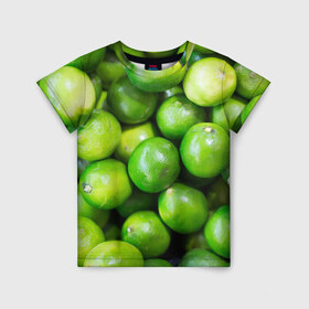 Детская футболка 3D с принтом Лаймы в Белгороде, 100% гипоаллергенный полиэфир | прямой крой, круглый вырез горловины, длина до линии бедер, чуть спущенное плечо, ткань немного тянется | зелень | лаймы | лето | лимоны | солнце | текстура | фрукты