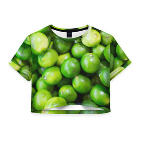 Женская футболка 3D укороченная с принтом Лаймы в Белгороде, 100% полиэстер | круглая горловина, длина футболки до линии талии, рукава с отворотами | зелень | лаймы | лето | лимоны | солнце | текстура | фрукты