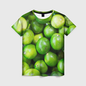 Женская футболка 3D с принтом Лаймы в Белгороде, 100% полиэфир ( синтетическое хлопкоподобное полотно) | прямой крой, круглый вырез горловины, длина до линии бедер | Тематика изображения на принте: зелень | лаймы | лето | лимоны | солнце | текстура | фрукты